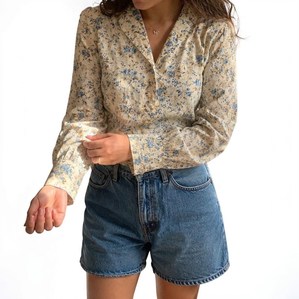 Vintage Laura Ashley Cottagecore Blue Floral Cotton Blouse US 8